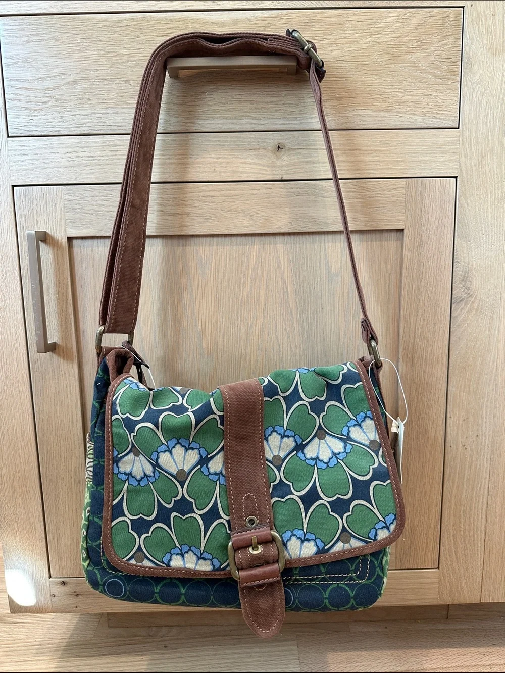 Fossil Green Floral Canvas Crossbody with Brown Trim